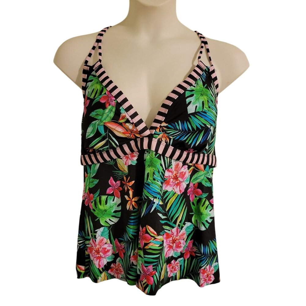 Swimsuits for All 16 Tropical Floral Pink Black Striped Tankini Beach Swim Vacat